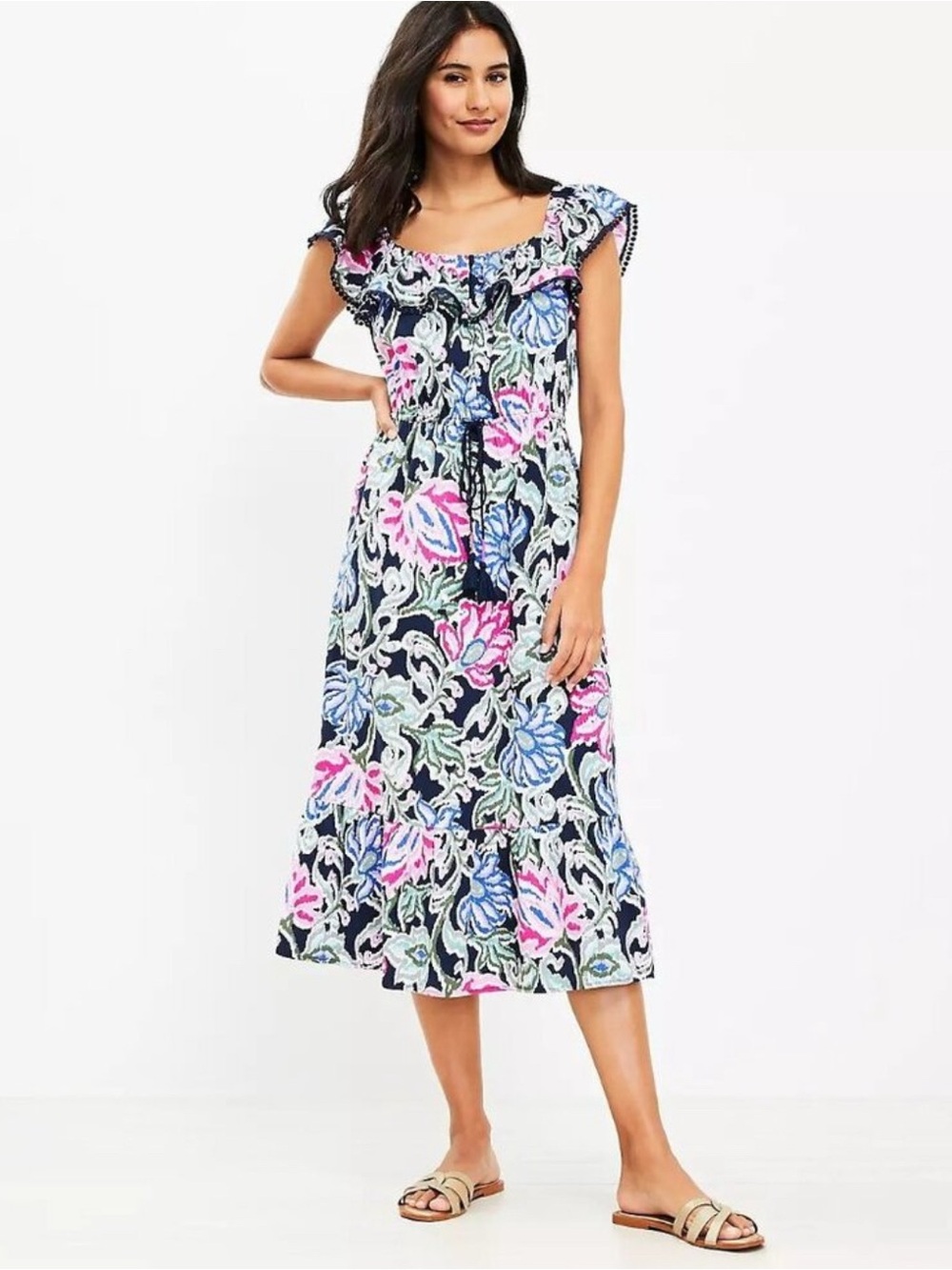 NWT LOFT Floral Ruffle Square Neck Midi Dress (M)